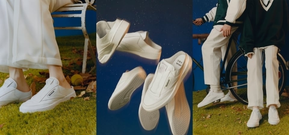 Reebok x BEAMS 聯名小白鞋「Club C Laceless Mule」純白的極簡設計讓人愛不釋手，還可以寫上自己的名字！