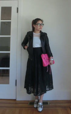 Give a feminine dress some edge with a moto jacket 