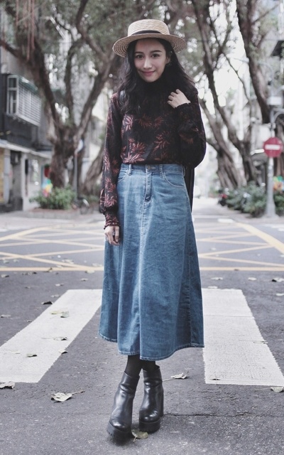 英倫復古女孩 印花X單寧X短靴