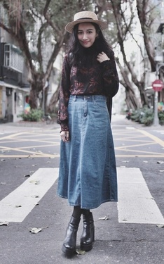 英倫復古女孩 印花X單寧X短靴