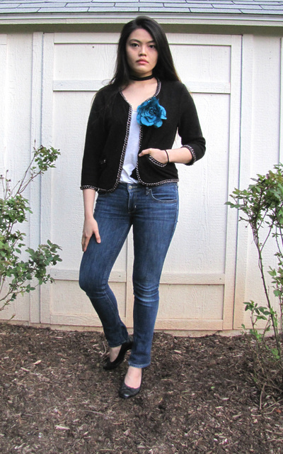 休閒和搖滾甜美風 Denim x Blue Flower x Metallic Blazer