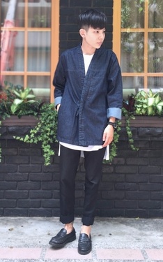 ▲ #green #denim #day #kimono #casual #look #vintage。▲