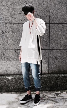 織帶五分袖長板TEE