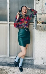撞色墊肩襯衫+窄裙