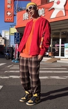 格紋長褲+飛行外套