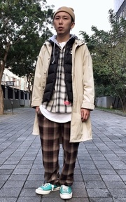 長版大衣+格紋襯衫+格紋長褲+羽絨背心