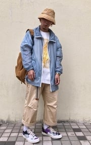 漁夫帽+輕薄防曬外套+寬褲+腰帶