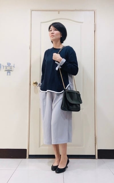 藍二面設計長袖+淺藍寬褲+墨綠包
