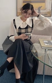 秋季新款韓國東大門設計感法式休閒套頭格子針織馬甲背心
