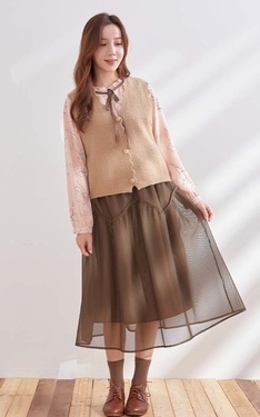 時尚穿搭：日系甜美-針織背心雪紡上衣網布蛋糕裙三件組