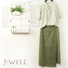J-WELL 的 圓點印花綁帶襯衫口袋工作長裙二件組-OL